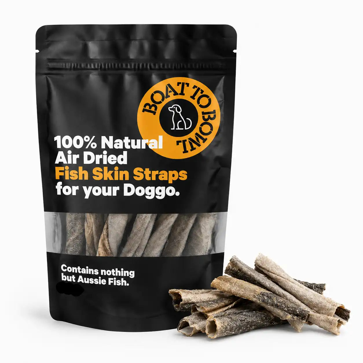 Air-dried fish skin straps for dogs in a black pouch with fish skin pieces beside the bag.