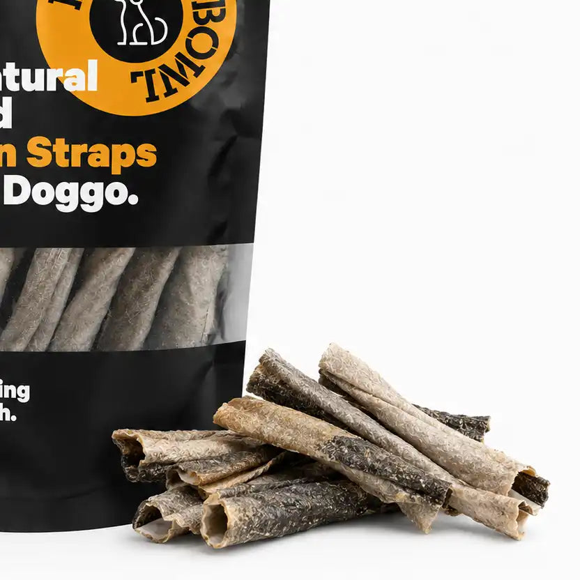 Close-up of air-dried fish skin straps for dogs with the fish skin treat bag in the background.