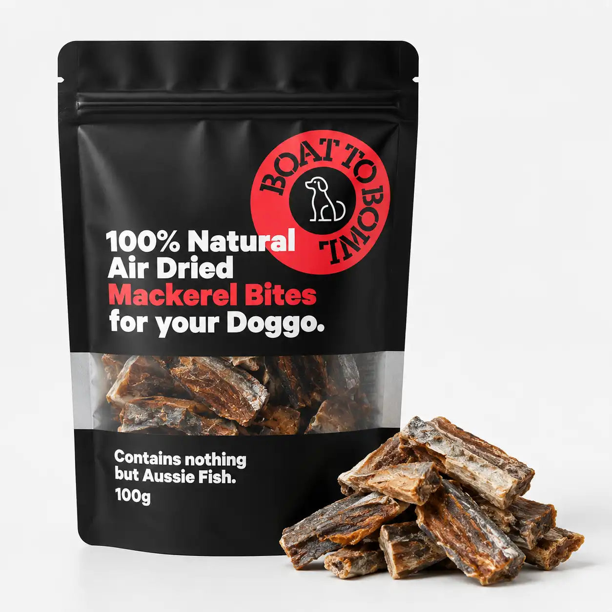 Air-dried mackerel bites for dogs in a 100g black pouch with mackerel pieces beside the bag.