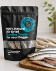 Sardine dog treats displayed with fresh sardines to show the Aussie fish ingredient source.