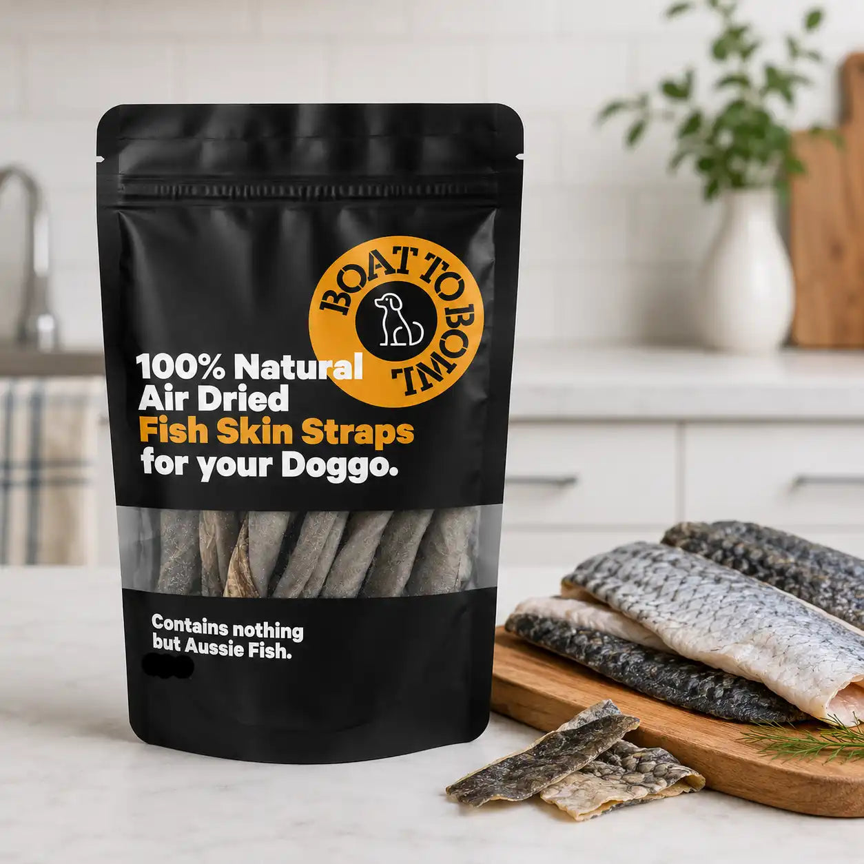 Fish skin dog treats displayed with fresh fish skin pieces to show the Aussie fish ingredient source.