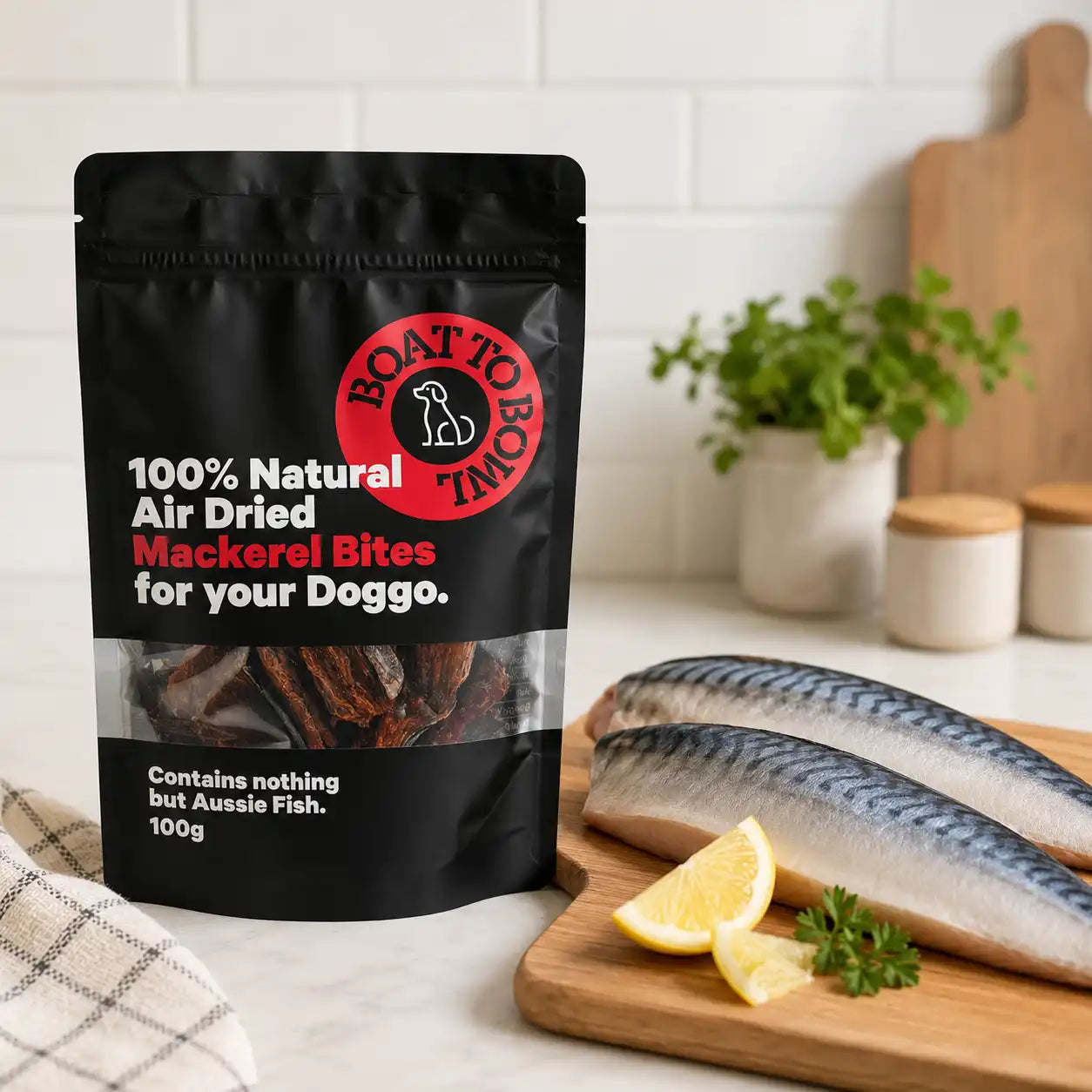 Mackerel dog treats displayed with fresh mackerel to show the Aussie fish ingredient source.