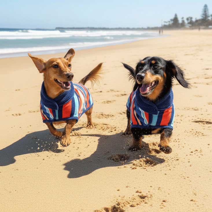 Two Dachshunds playing on the beach with their wearable dog towels on, dog drying coats by Dolphin and Dog.