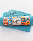 large dog towel made by dolphin and dog, it has hand pockets and is super absorbent. 