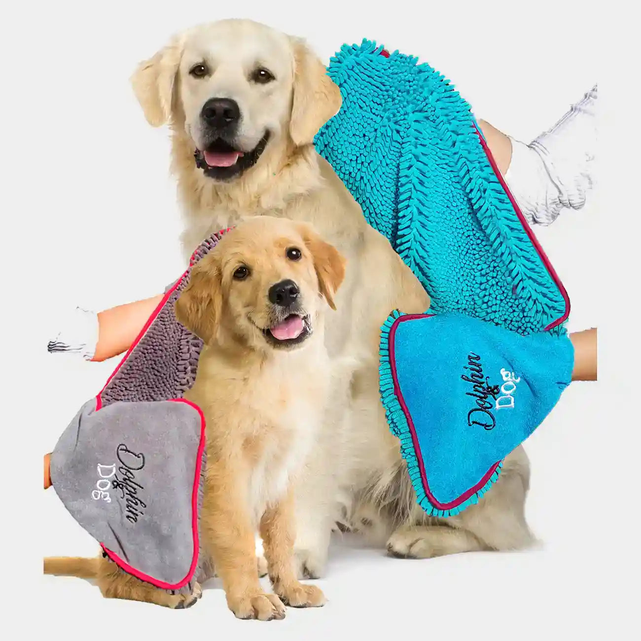 Two dogs being dried by the Dolphin & Dog towel range. Blue dog towel and Grey dog towel being used by the dog owners.