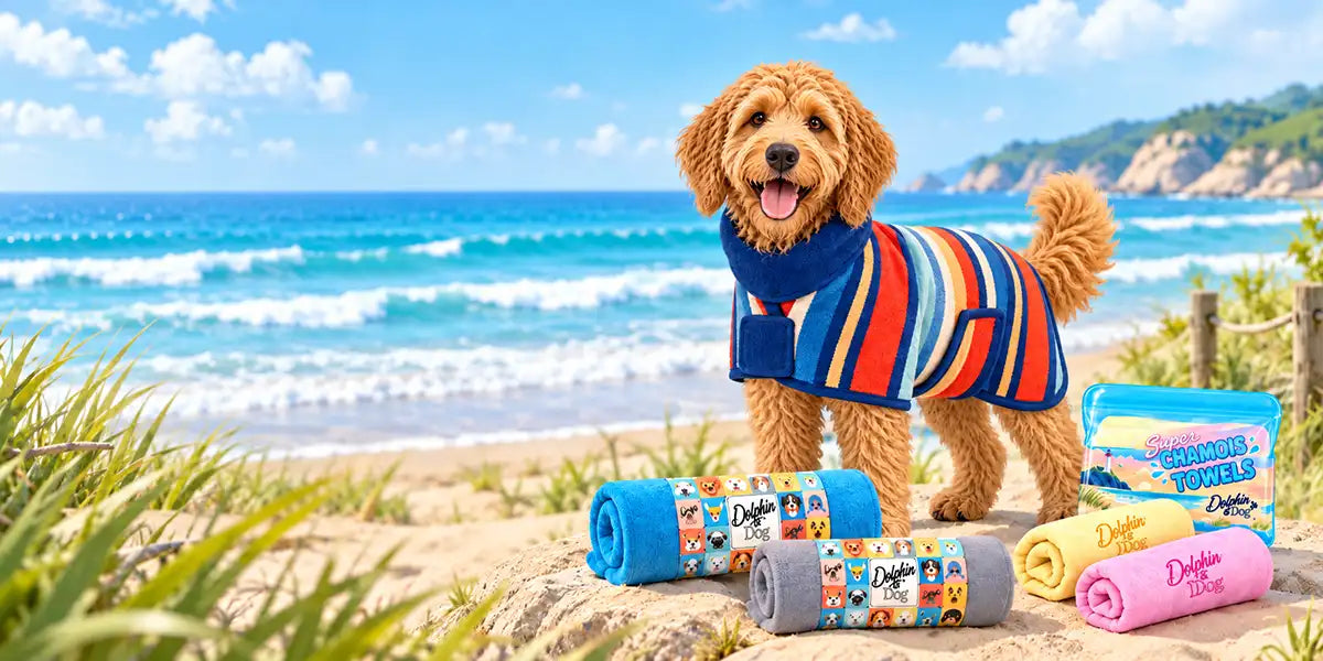 Dog wearing a drying robe with dog towels on the beach
