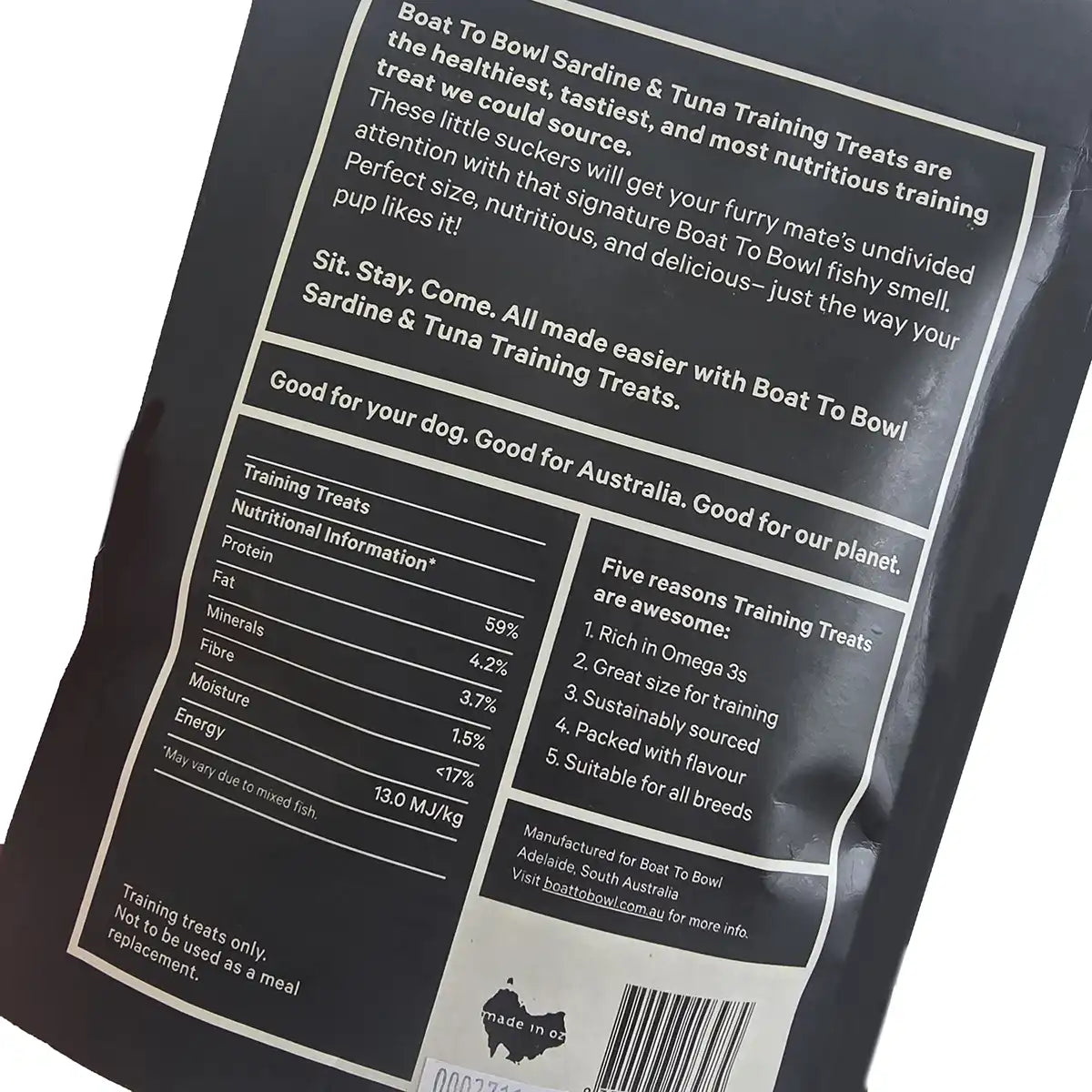 Back of air-dried sardine and tuna dog training treats pouch showing nutritional information