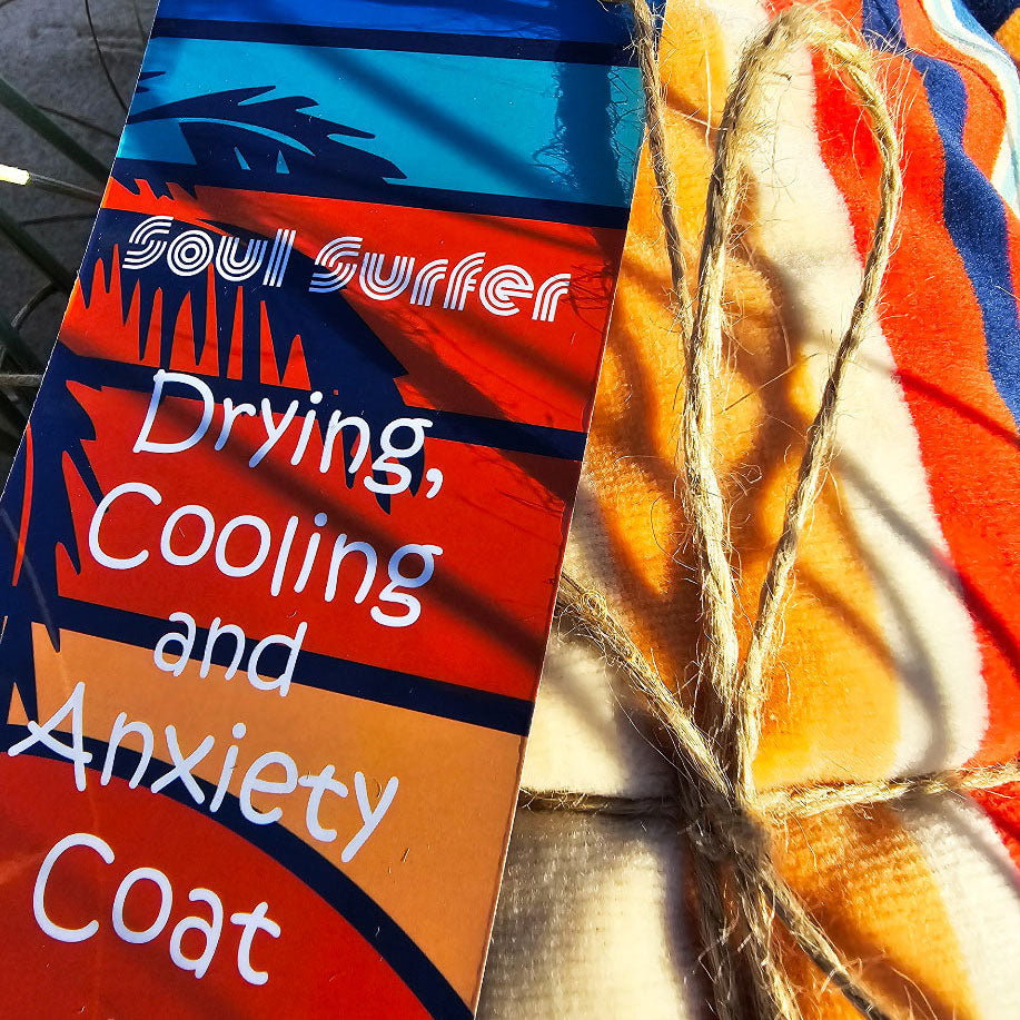 Premium dog drying robe product tag with robe and calming fit details