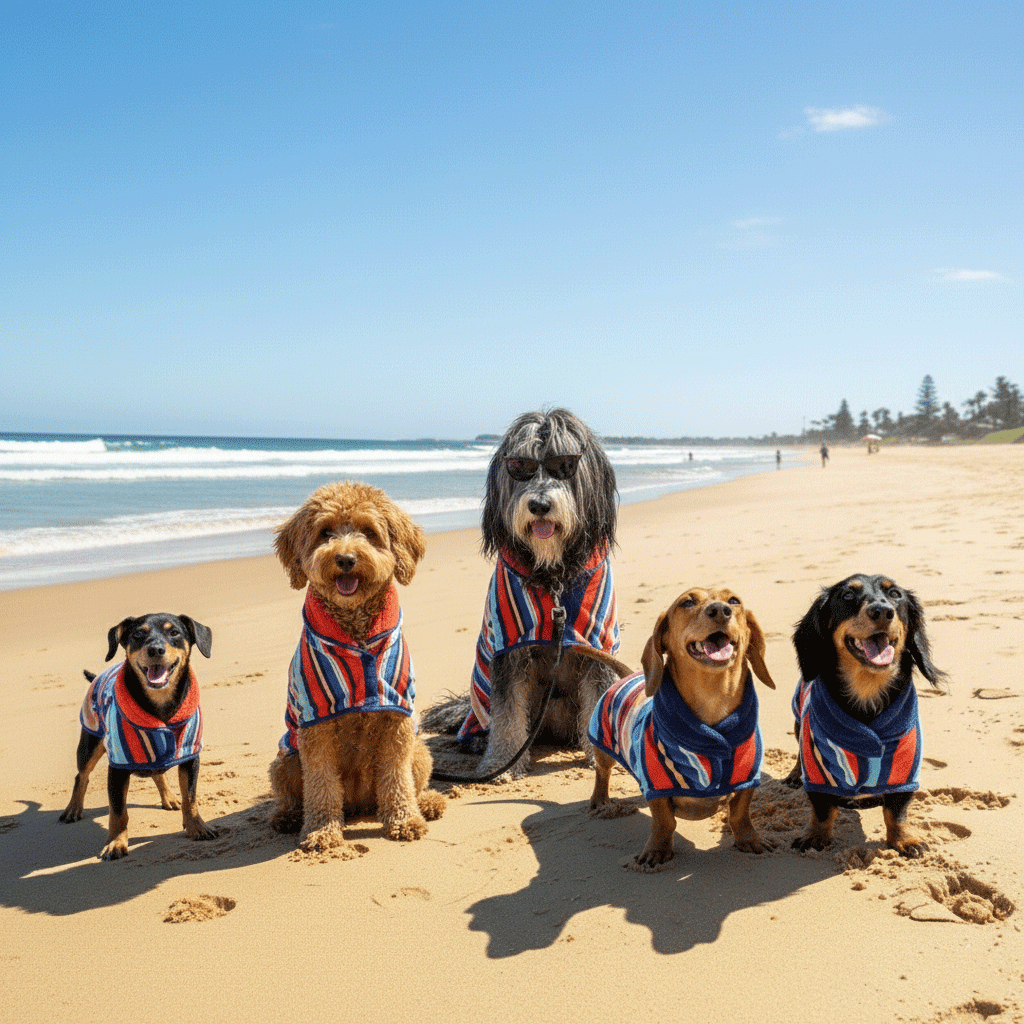 5 dogs on a beach wearing dog drying coats made by Dolphin and Dog. 