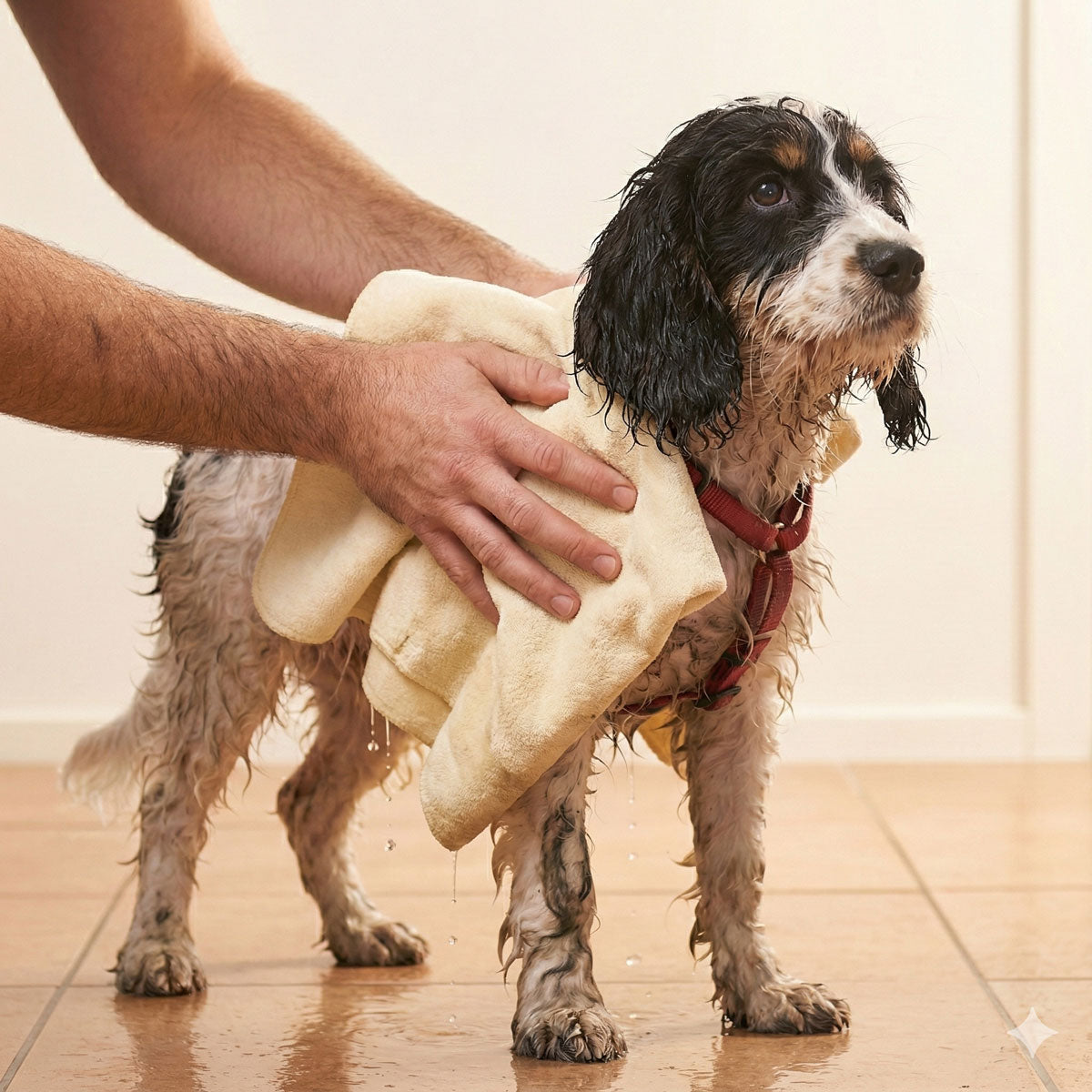 dog being dried by a Dolphin and Dog, dog towel.