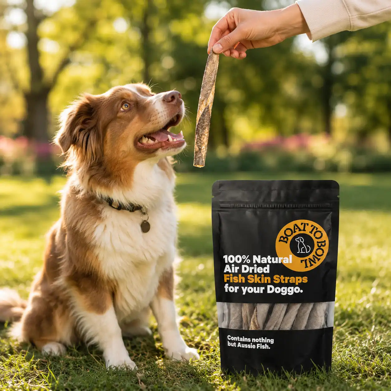 Dog sitting outdoors and looking up at an air-dried fish skin strap held by hand, with a fish skin treat bag nearby.