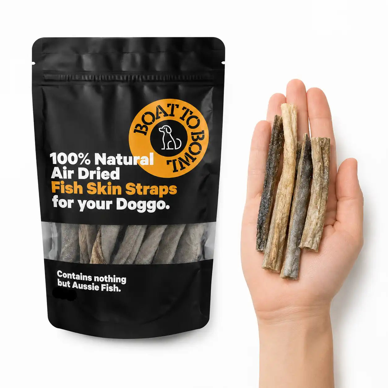 Air-dried fish skin straps shown in a hand beside the front pouch for size comparison.

6. Ingredient / fish source image