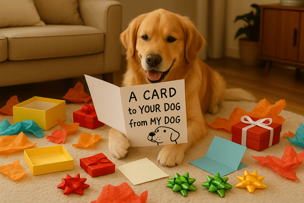 a card for dogs from dogs, happy dog reading its greeting card from a friend and dog lover