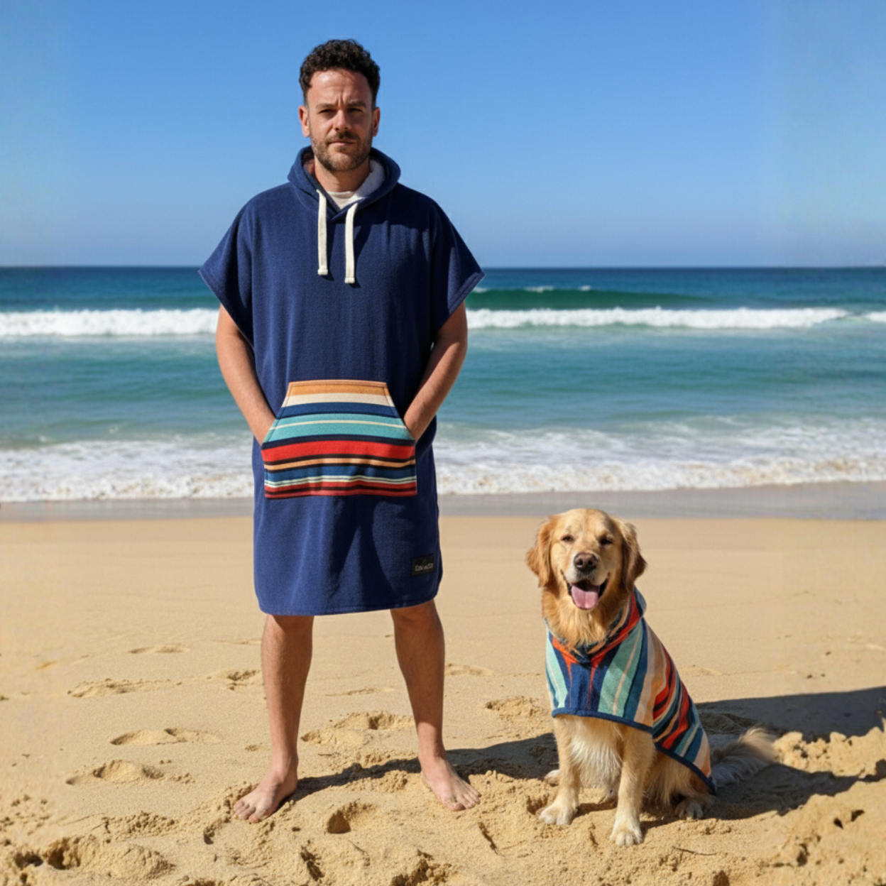 hooded dog towel, man on the beach wearing a surf poncho changing robe. Dog wearing same hooded dog towel