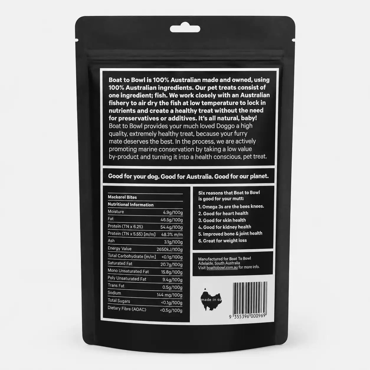Back of mackerel bites pouch showing nutrition information, ingredients and Australian made packaging details.