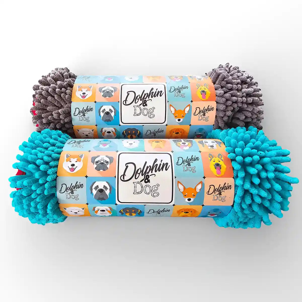 Two rolled Dolphin & Dog chenille microfibre dog towels in grey and turquoise, featuring branded packaging sleeves with colorful dog breed illustrations