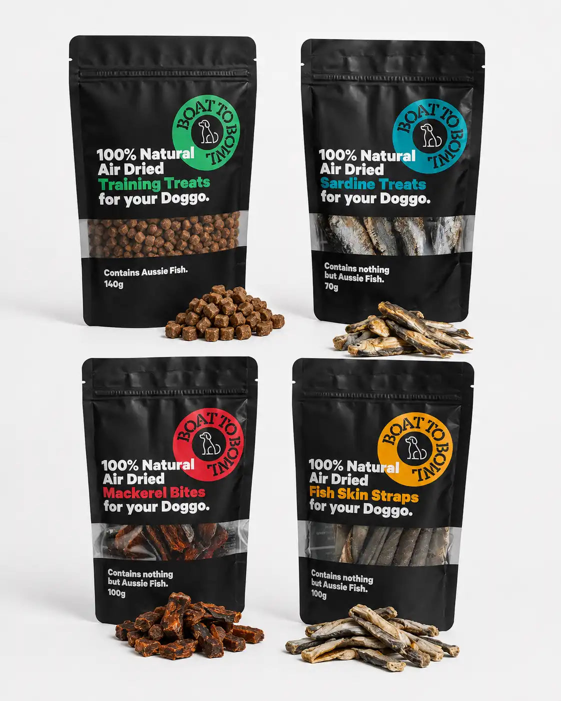 Four air-dried fish dog treat packs displayed together, including training treats, sardine treats, mackerel bites and fish skin straps.