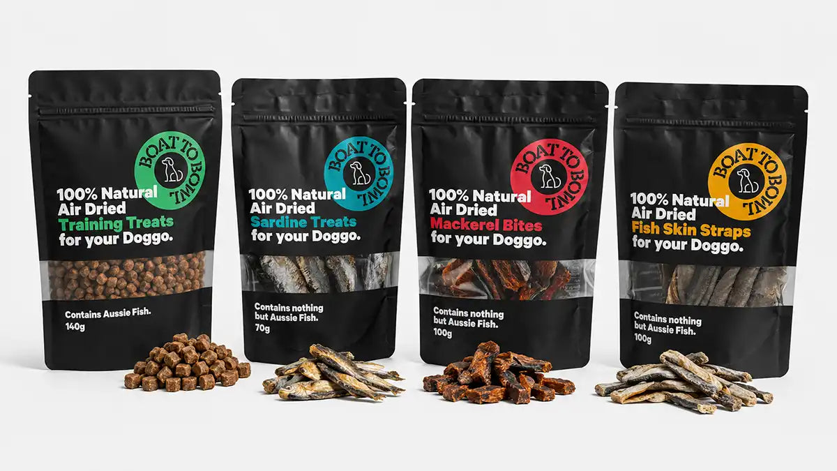 Four air-dried fish dog treat packs displayed together, including training treats, sardine treats, mackerel bites and fish skin straps.