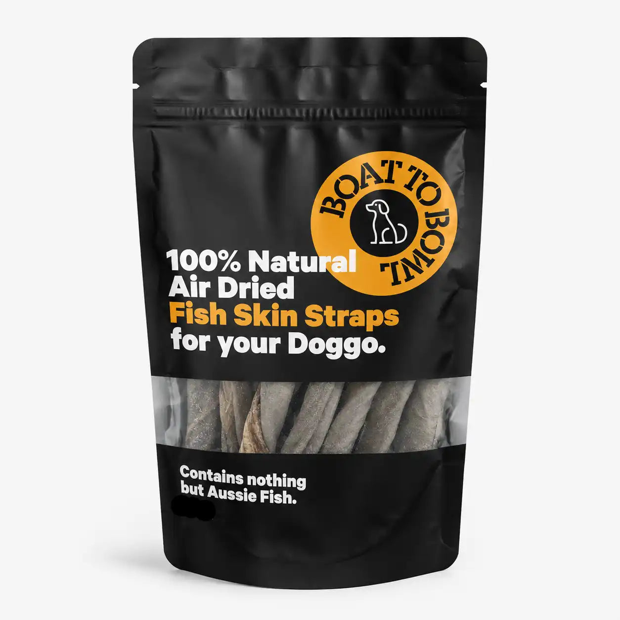 Front view of a black pouch of natural air-dried fish skin straps for dogs.