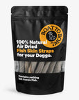 Front view of a black pouch of natural air-dried fish skin straps for dogs.