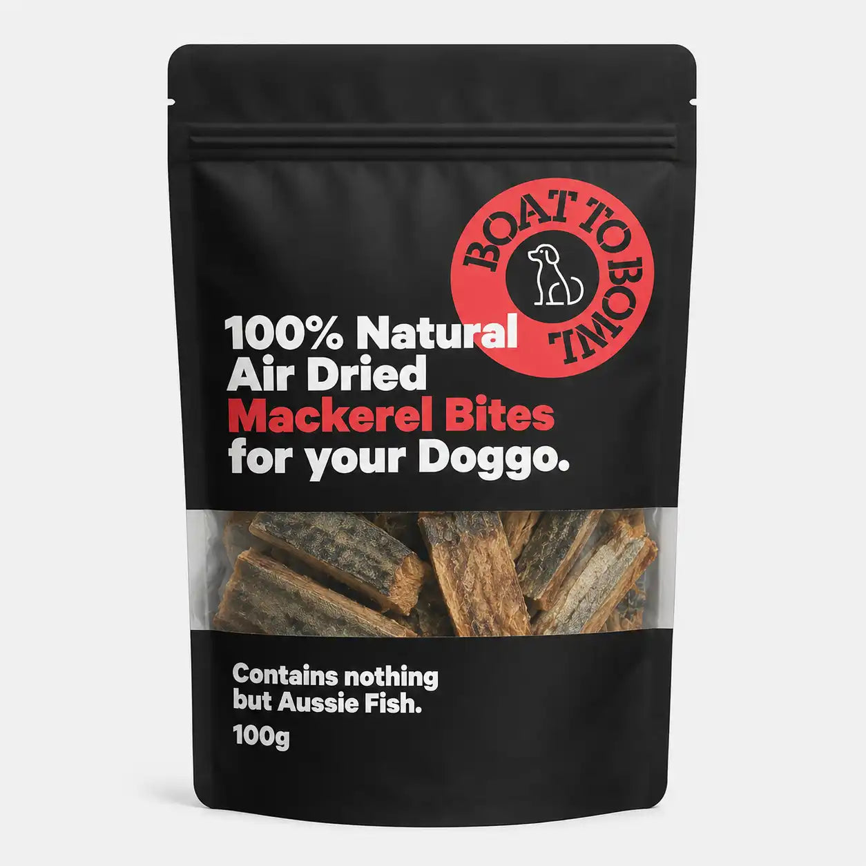 Front view of a 100g pouch of natural air-dried mackerel bites for dogs.
