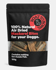 Front view of a 100g pouch of natural air-dried mackerel bites for dogs.