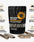 Fish skin straps for dogs with benefit callouts for omega 3, single ingredient, Aussie fish, chewy texture and no unnecessary additives.