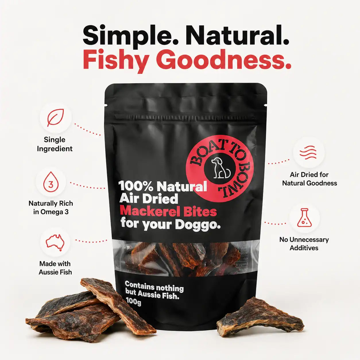Front view of a 100g pouch of natural air-dried mackerel bites for dogs, showing key product benefit information.