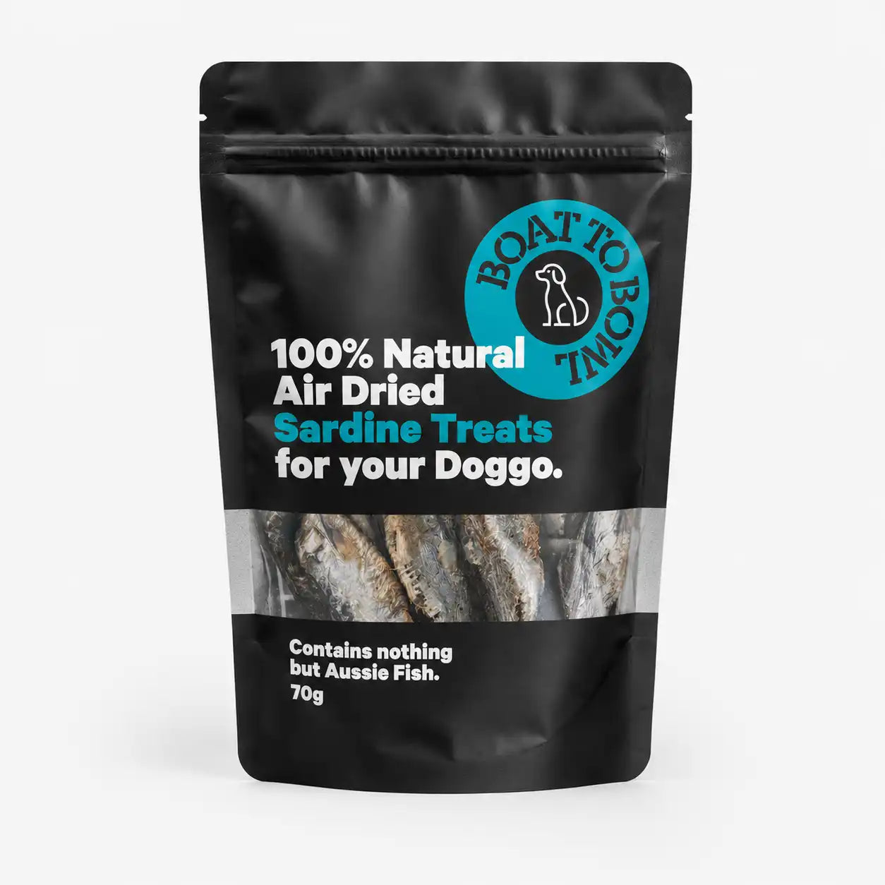 Front view of a 70g pouch of natural air-dried sardine treats for dogs.