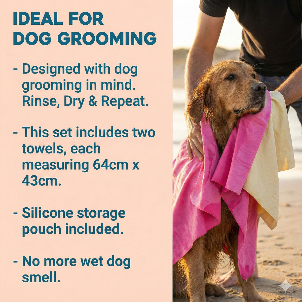 dog towel information picture, showing size and function, cute dog being dried 