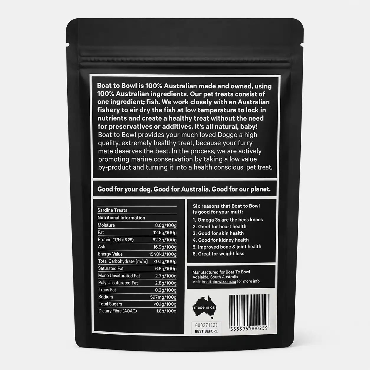 Sardine dog treat pouch showing nutrition information, ingredients and Australian made packaging details.