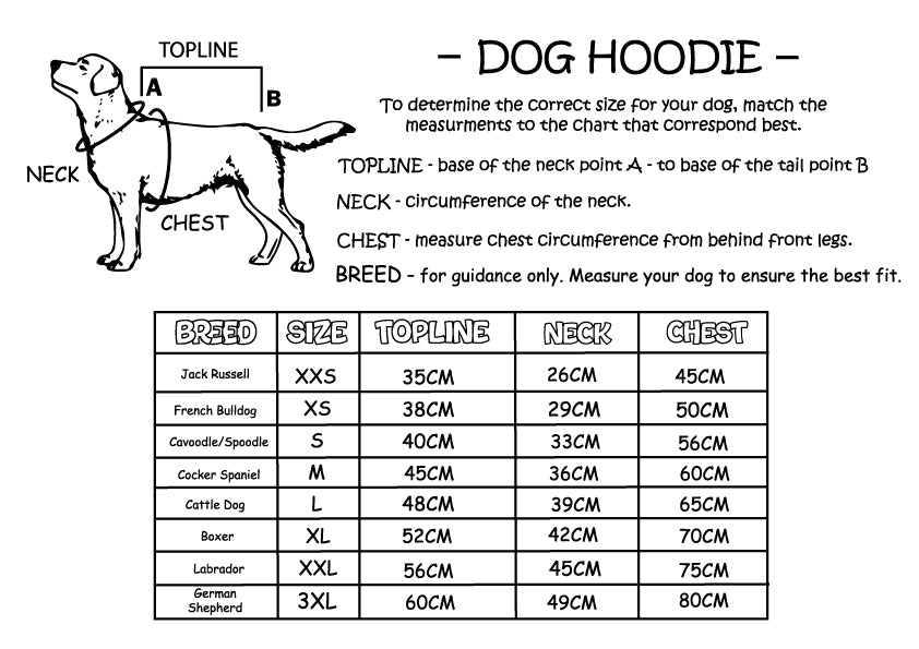 dog hoodie, a size chart for the best dog hoodie ever made