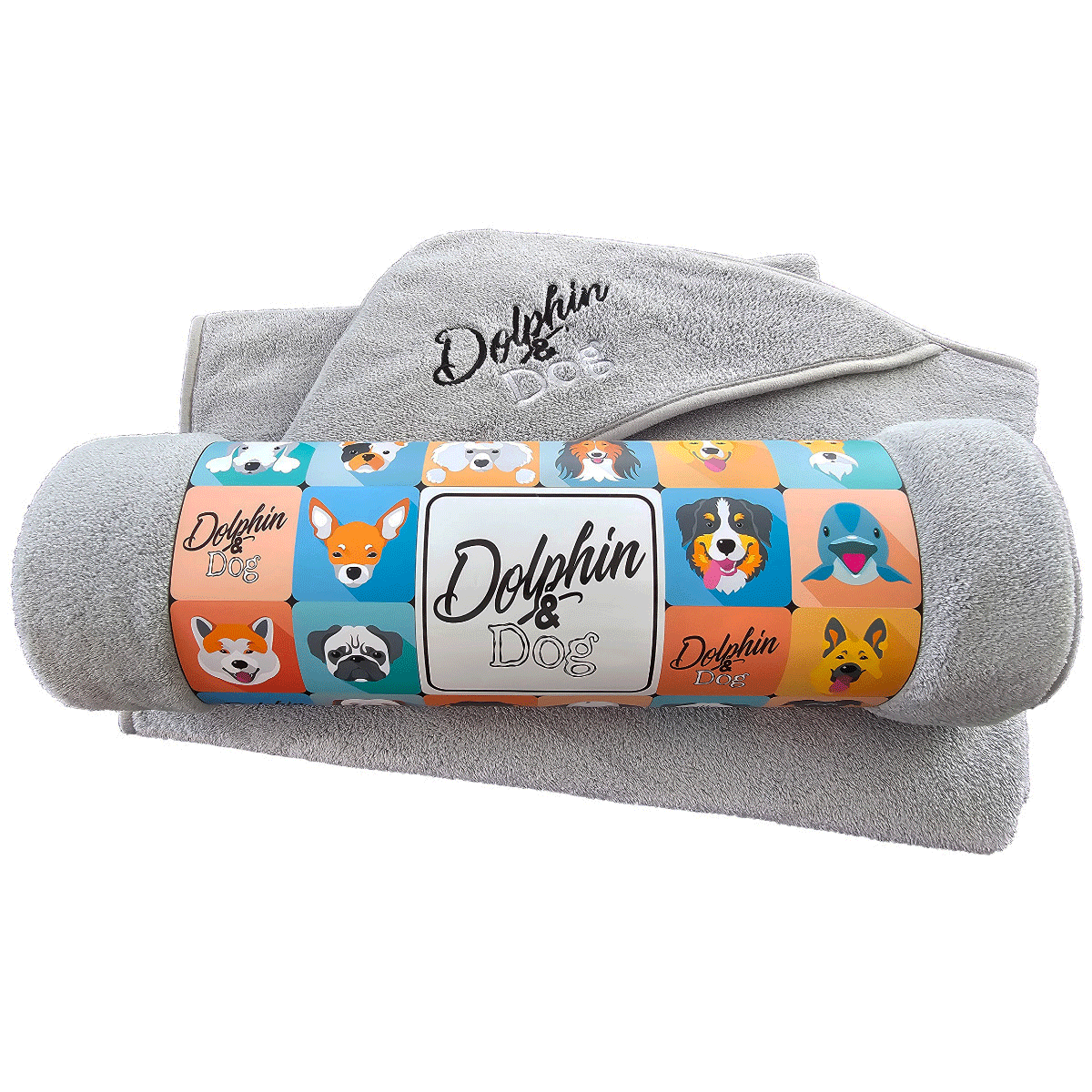 Super Absorbent Dog Towel: "Extra absorbent dog towel that dries your pet quickly and efficiently, silver dog towel in colorful packaging by Dolphin and Dog 