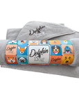 Super Absorbent Dog Towel: "Extra absorbent dog towel that dries your pet quickly and efficiently, silver dog towel in colorful packaging by Dolphin and Dog 