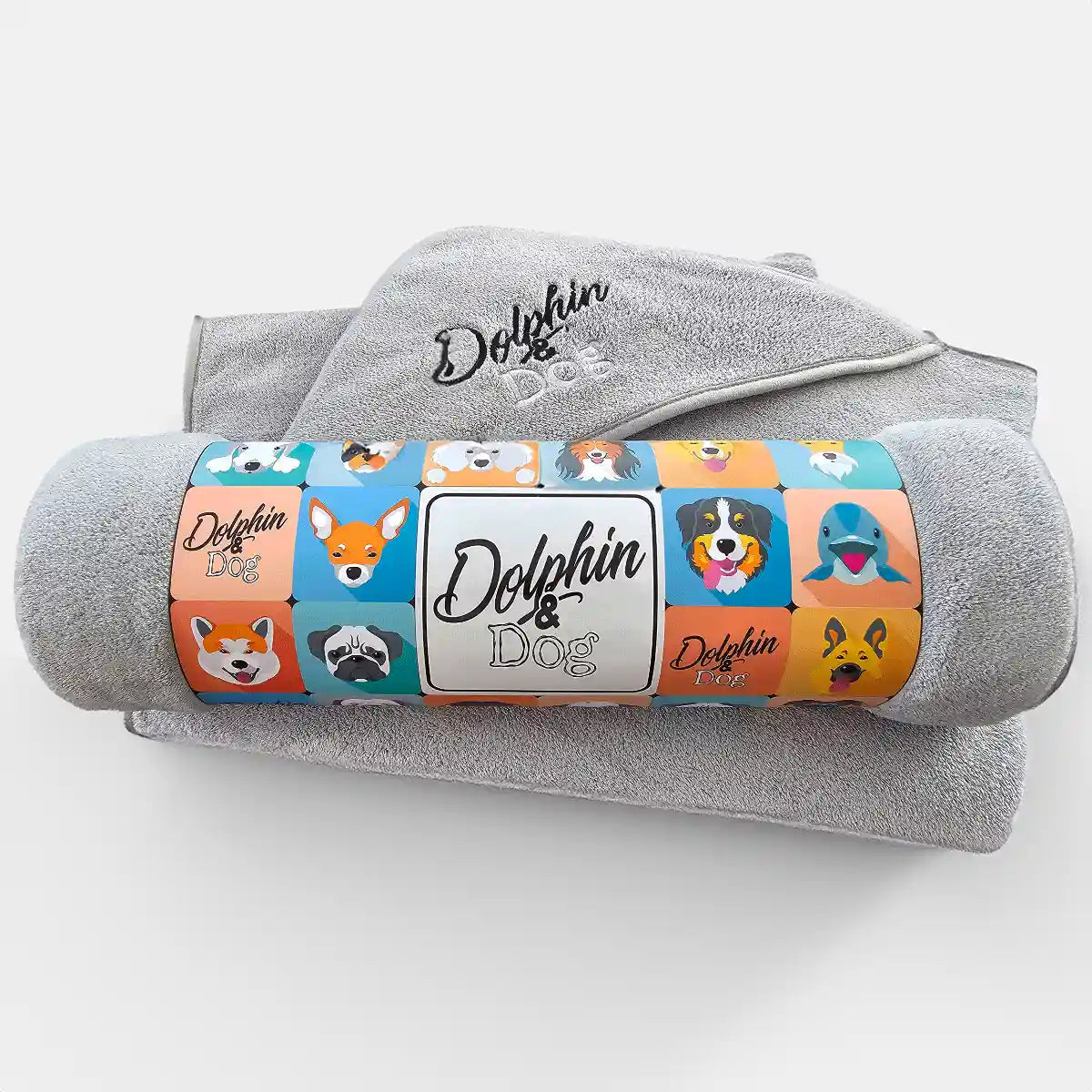 silver dog towel with colorful packaging branding displays 'Dolphin and Dog'.  the dog towel is on display on a white background.