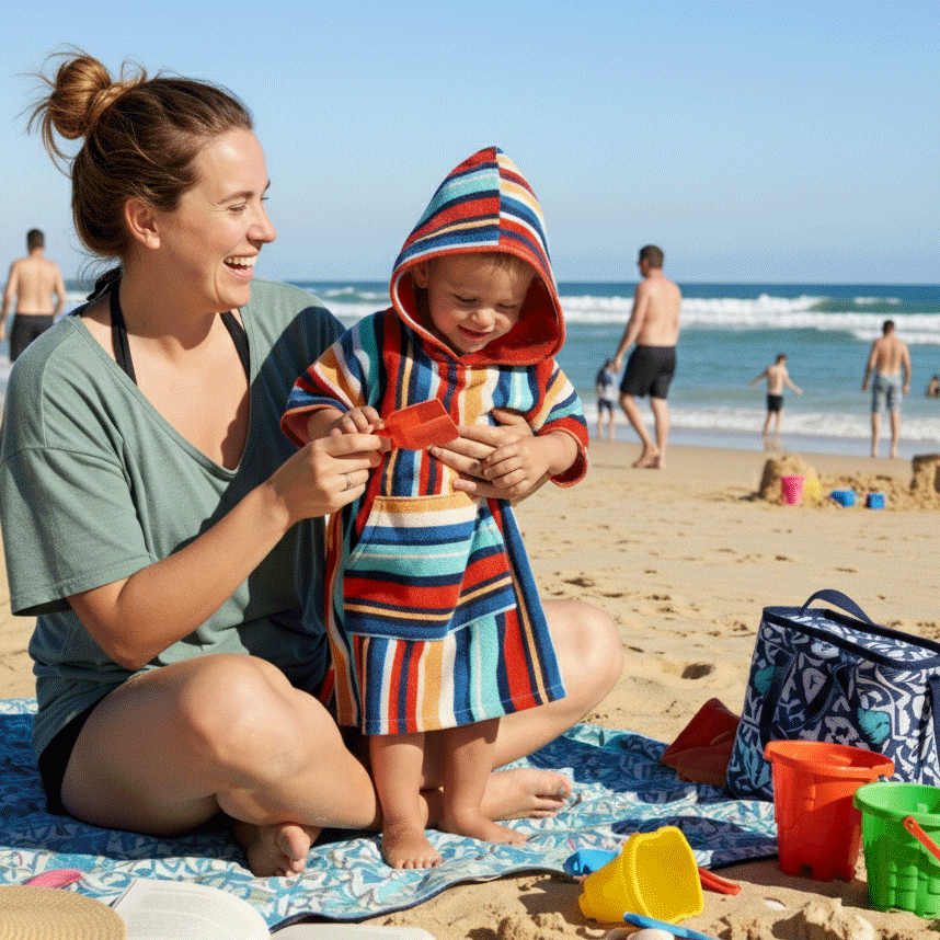 Woman and baby on the beach, with the baby wearing a colorful hooded towel.