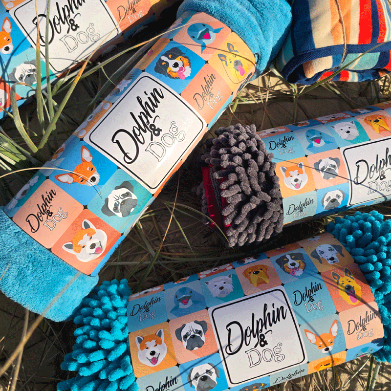 A collection of the best dog towels, with Dolphin and Dog branded packaging.