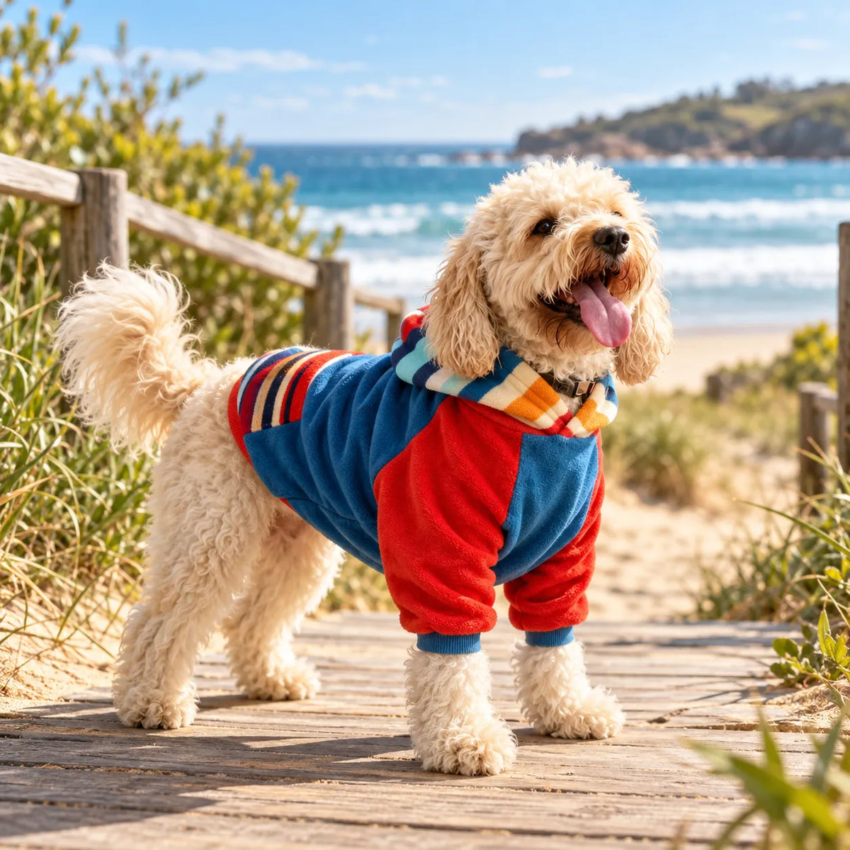Dog wearing a Dolphin & Dog hoodie outdoors