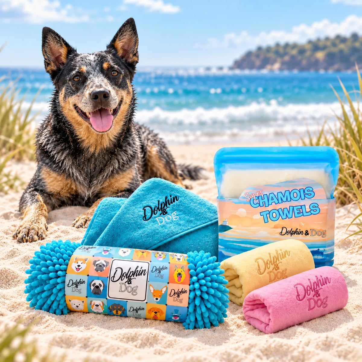 Blue Heeler on the beach with the Dolphin & Dog Dog Towel Essentials Set, including Premium, Noodle and Chamois dog towels.