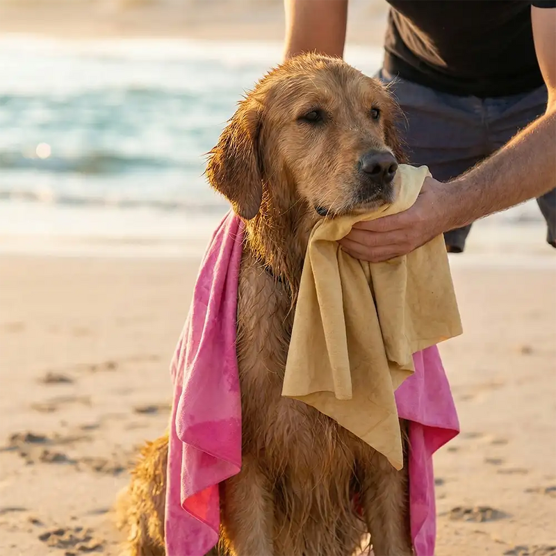 A wet golden retriever sits on a beach with a pink chamois cloth on its back and a tan one drying its face at sunset.