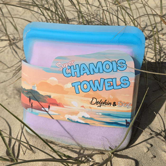 the absorber dog towel, a dog drying towel. 2 dog chamois towels, sored in a silicone pouch so no nasty plastic. Plastic free packaging