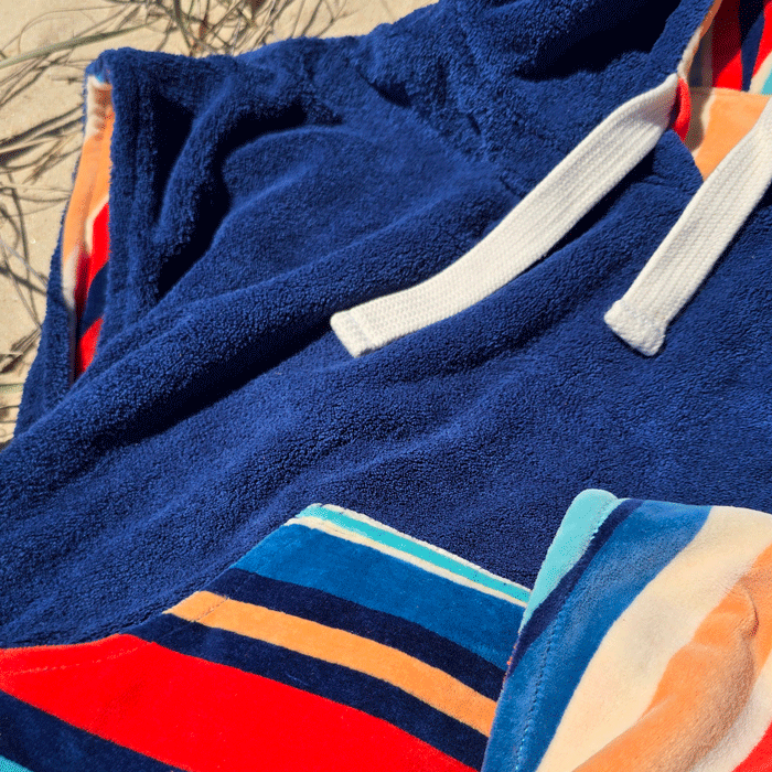 hooded beach towel, with drawstring hood and pockets
