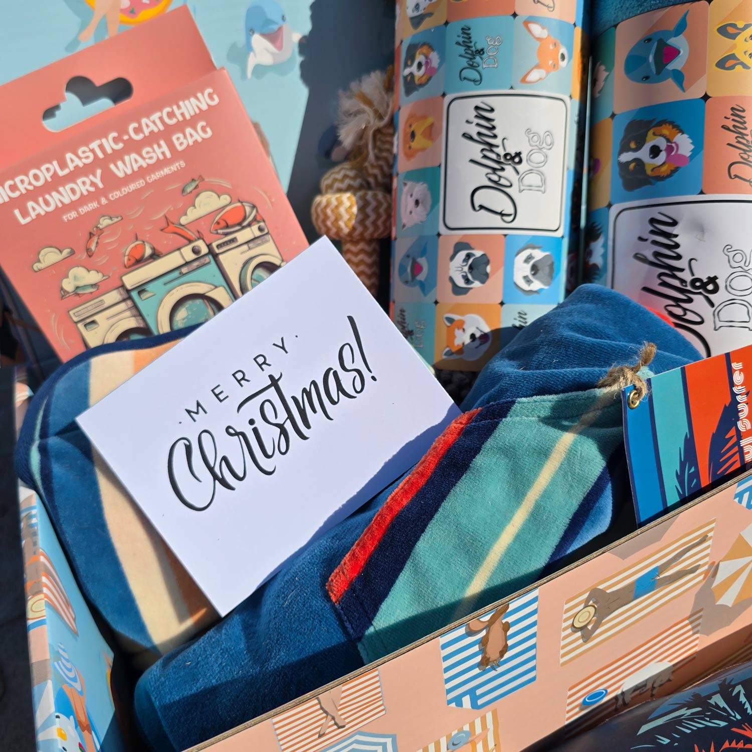 Christmas gift basket made for dog lovers, gift box hamper with personalised dog greeting card