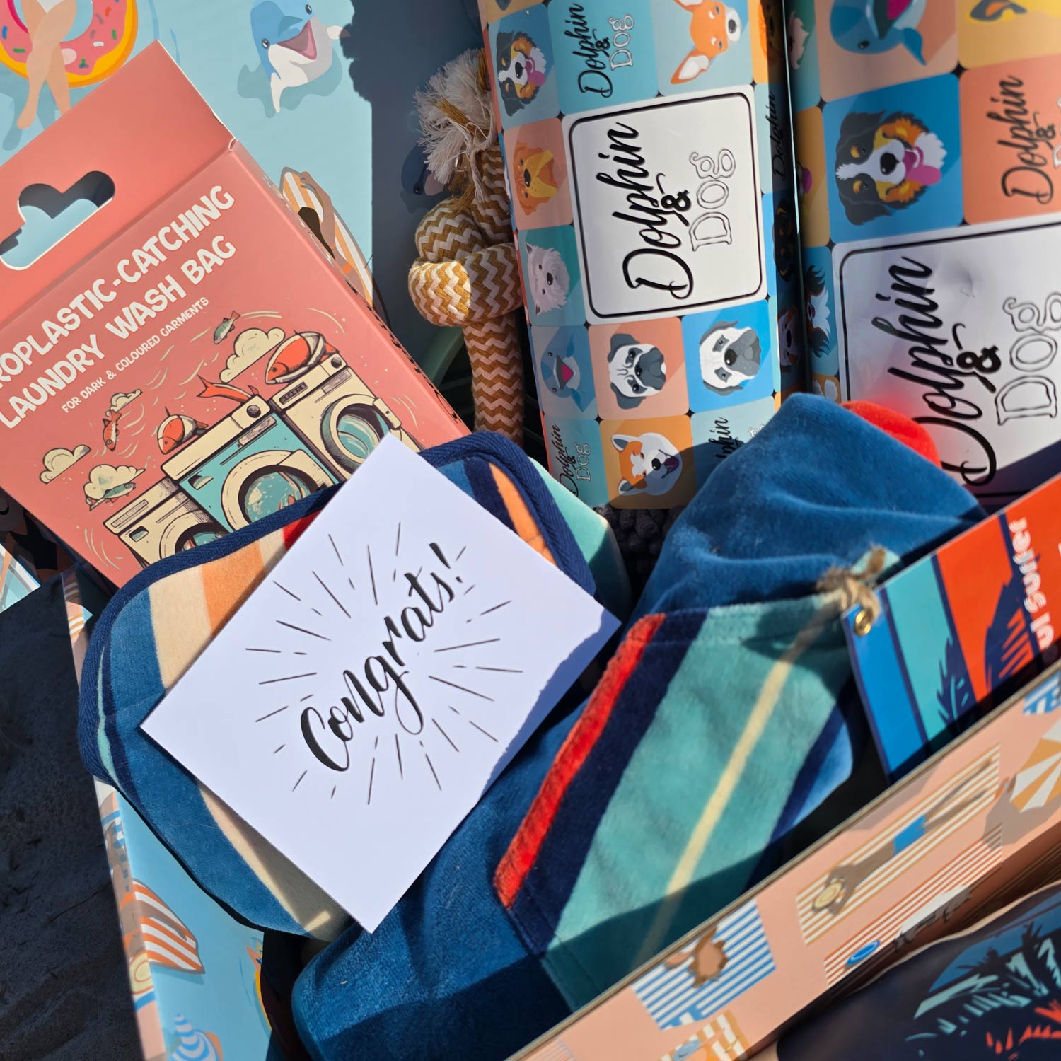 congratulation gift hamper made for dog lovers, a gift basket full of dog gifts.