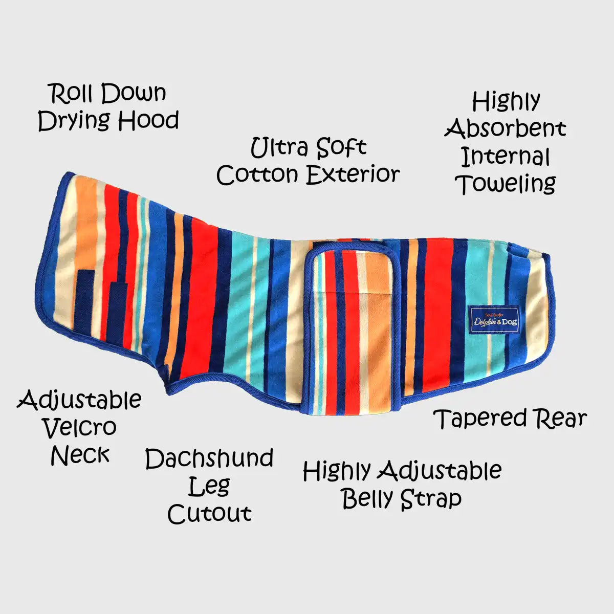 dachshund dog drying robe specifications and attributes, image shows hood, belly strap and velcro neck 