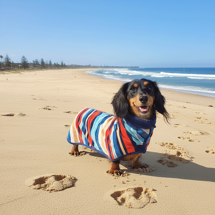 Dachshund wearing a dog drying robe on the beach - the robe is by the brand Dolphin and Dog