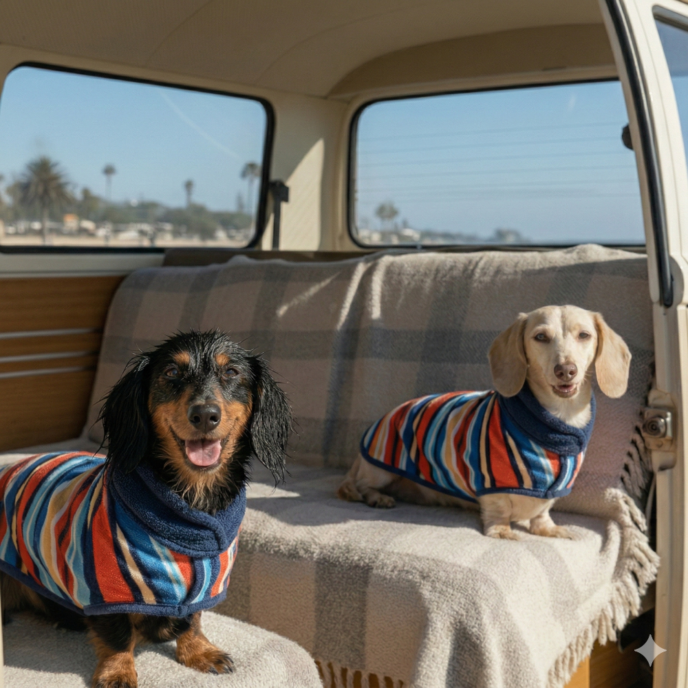Dachshunds in a camper van at the beach wearing their wearable dog towels, 