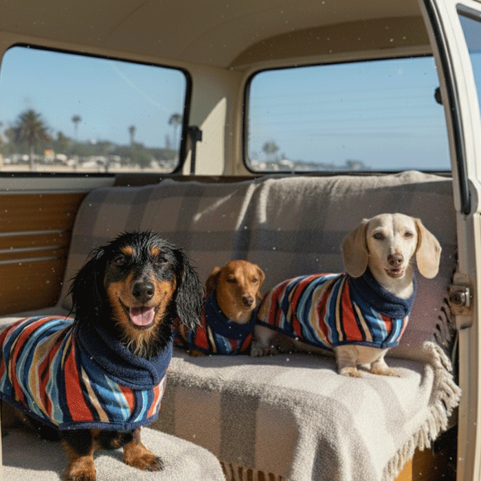 Dachshunds in a camper van at the beach wearing their wearable dog towels, 