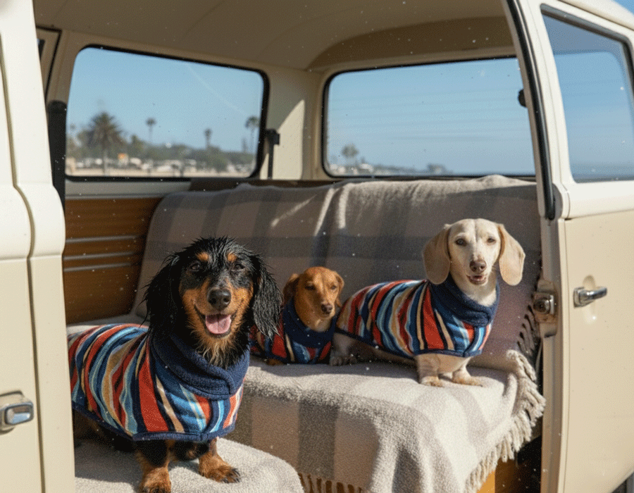 Dachshunds in a camper van at the beach wearing their wearable dog towels, 