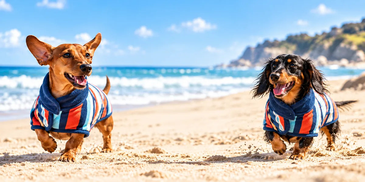 Two dachshunds running on an Australian beach wearing Dolphin & Dog striped dachshund drying robes.